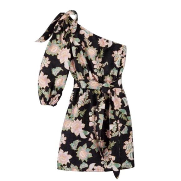 Who What Wear Floral One-Shoulder Mini Dress W/ Belted Waist & Long Puff Sleeve - Picture 1 of 11